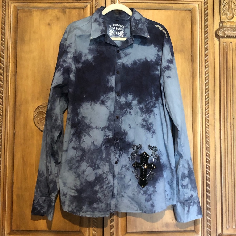 Bob Bennett 3X Tie Die Embroidered Cross Rhinestones Button Down Shirt